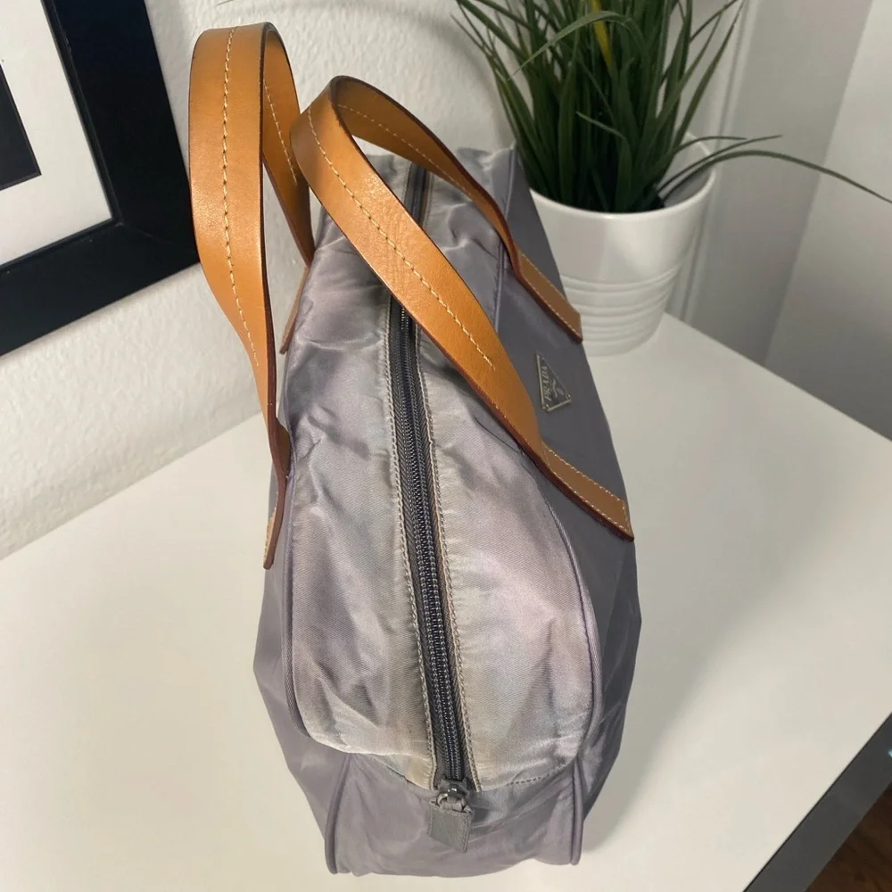 Prada Gray Nylon Satchel with Tan Leather Handles